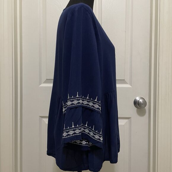 Liz Claiborne Blouse Keyhole Neck 3/4 Sleeve Shirt Blue Large Boho Embroidered‎ - Picture 2 of 10